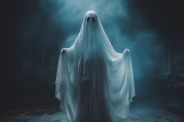 Human in spooky ghosts costume flying inside the old house or forest at night Halloween concept