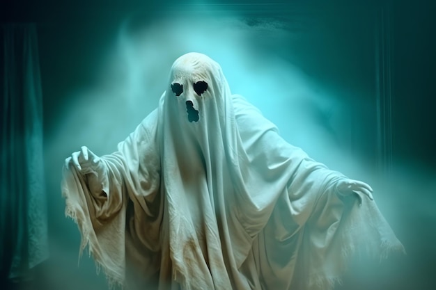 Human in spooky ghosts costume flying inside the old house or forest at night Halloween concept