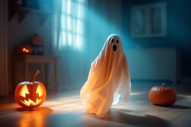 Human in spooky ghosts costume flying inside the old house or forest at night Halloween concept