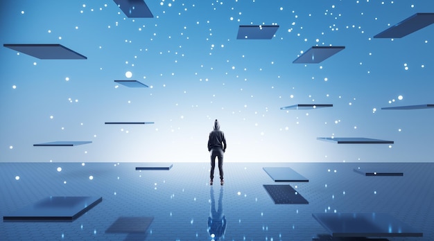 Human in a sport suit silhouette standing in space with stars and multiple plates blue background dreaming and infinity concept