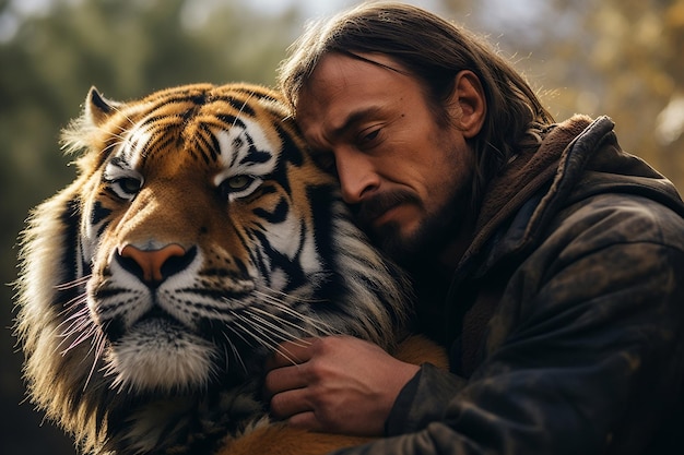 A human and tiger embracing in a hug generative ai