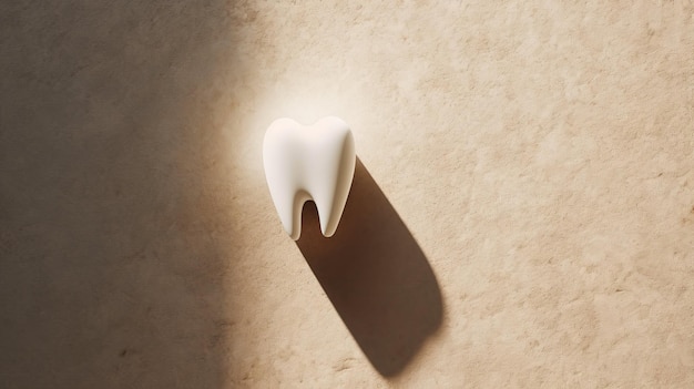 Foto dente umano su uno sfondo beige di pietra con ombra proiettata da una luce forte