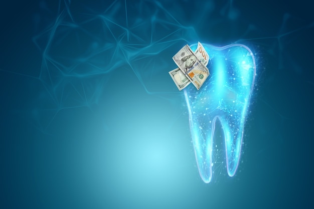 Human tooth hologram with dollores on caries, blue background. The concept of expensive 