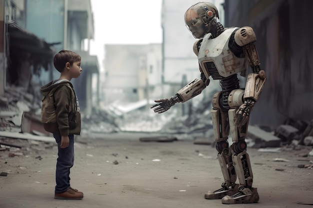人工知能ロボットとの人類戦争 破壊された建物を背景にロボットの前に立つ人