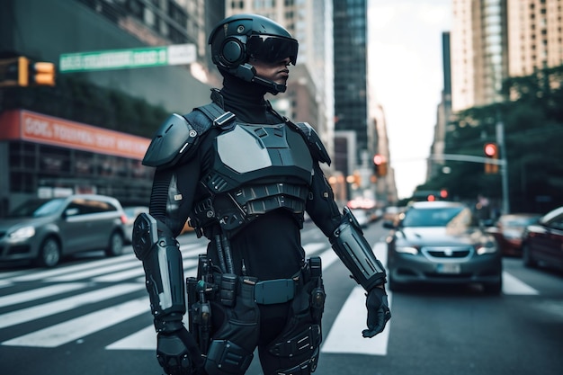 A human wearing robot accesories standing on the road city