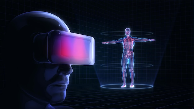 human wearing virtual reality glasses looking at the hologram of human anatomy.