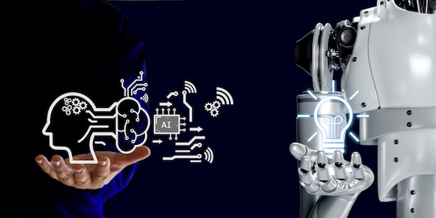 Фото Человек с 3d-роботическим рендерингом с элементом цифровой технологии иконы поддержки бизнеса