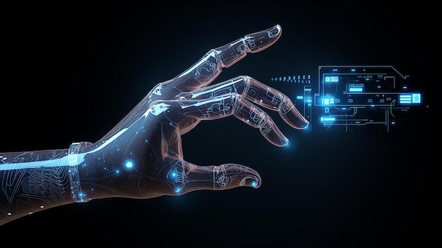 Human with five finger in hand touch 3d screen with high tech information technology background