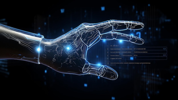 Человек с пятью пальцами в руке сенсорный 3D-экран с высокотехнологичным информационным фоном