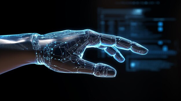 Human with five finger in hand touch 3d screen with high tech information technology background