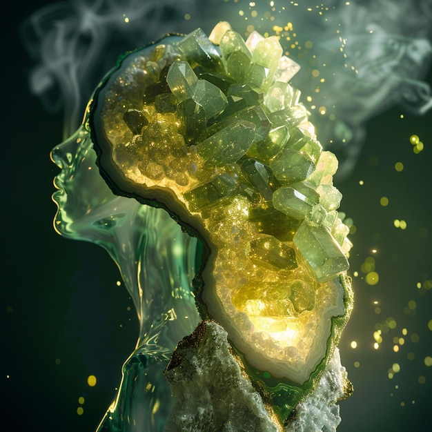 Human with peridot crystal paint and gold leaves glowing split in face Generated AI photo