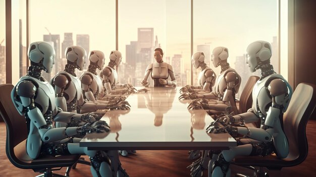 Human work and AI robots at company meeting