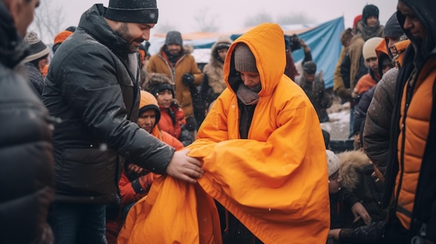 Гуманитарный работник раздает теплые одеяла и предметы первой необходимости людям в лагере беженцев d