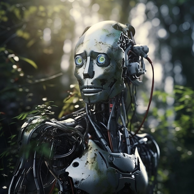 A humanized robot in the middle of a green forest The theme of the fusion of nature and technology concept AI generated content