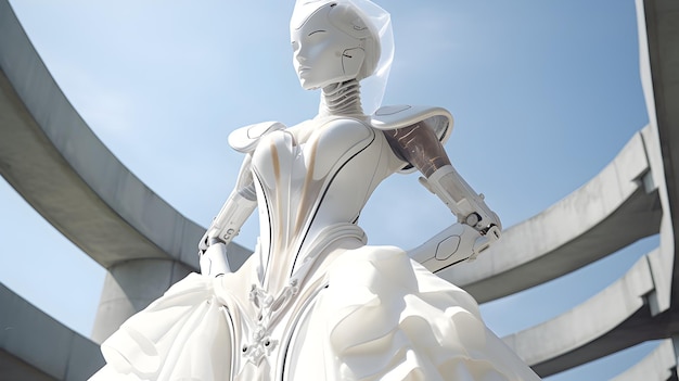 Humanlike android cyborg bride in a white wedding dress