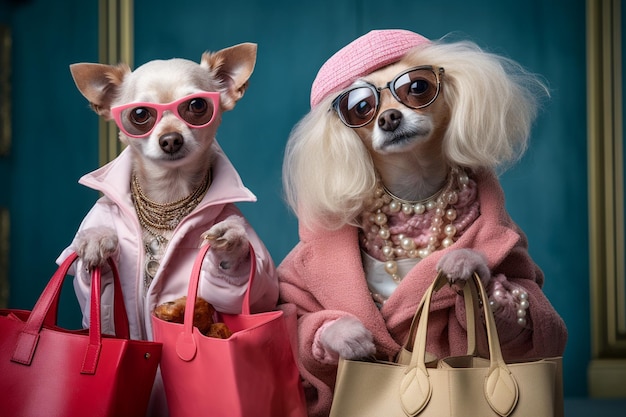 Фото Человекоподобные антропоморфные собаки в одежде с сумками для покупок на праздники