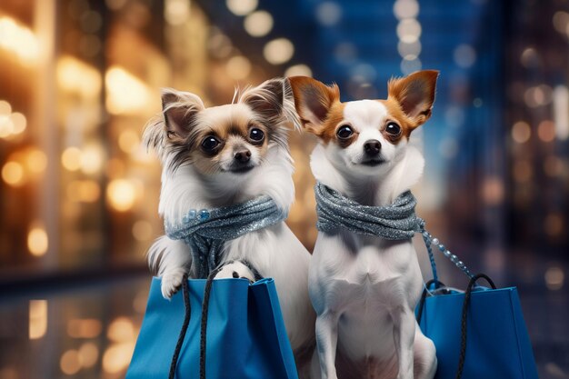 Humanlike anthropomorphic dogs wearing clothes with bags shopping for holidays