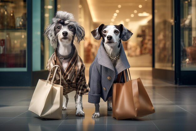 Humanlike anthropomorphic dogs wearing clothes with bags shopping for holidays