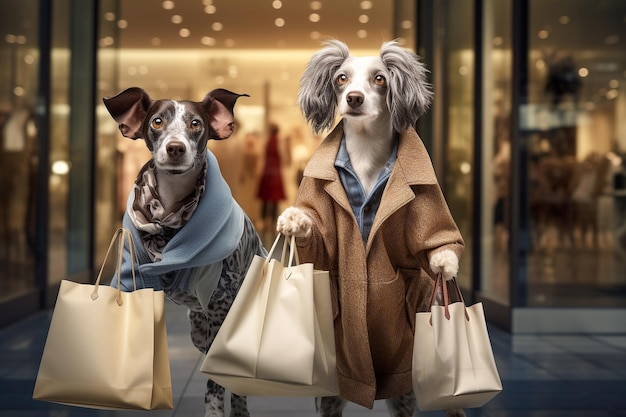 Photo humanlike anthropomorphic dogs wearing clothes with bags shopping for holidays