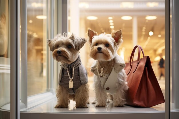 Foto cani antropomorfi simili all'uomo che indossano vestiti con borse per fare shopping per le vacanze