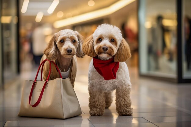 Photo humanlike anthropomorphic dogs wearing clothes with bags shopping for holidays