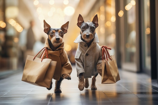 Photo humanlike anthropomorphic dogs wearing clothes with bags shopping for holidays