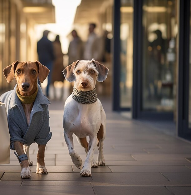 Photo humanlike anthropomorphic dogs wearing clothes with bags shopping for holidays