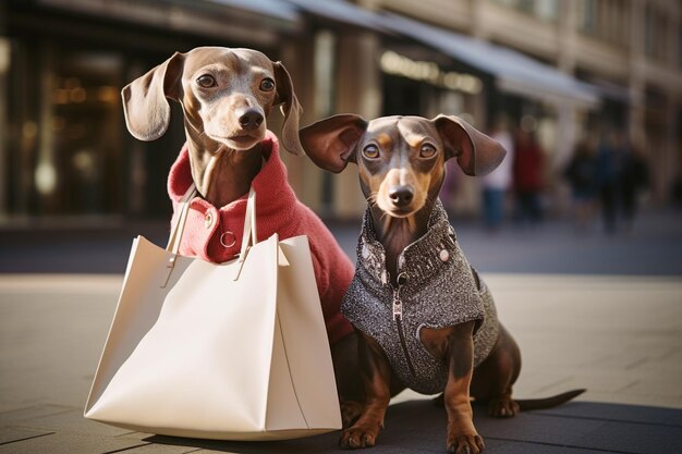 Photo humanlike anthropomorphic dogs wearing clothes with bags shopping for holidays