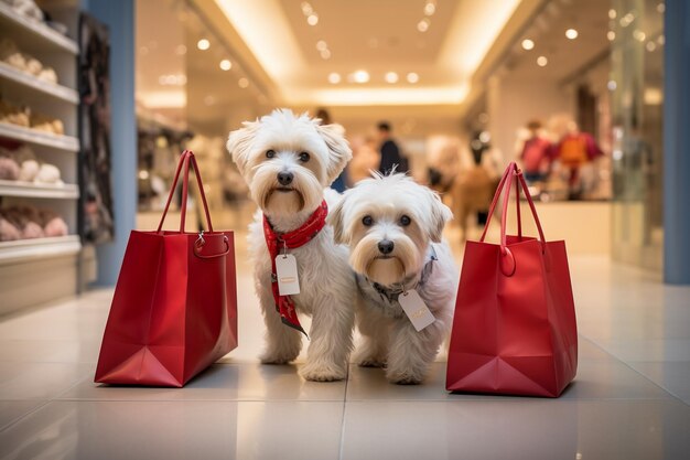 Photo humanlike anthropomorphic dogs wearing clothes with bags shopping for holidays