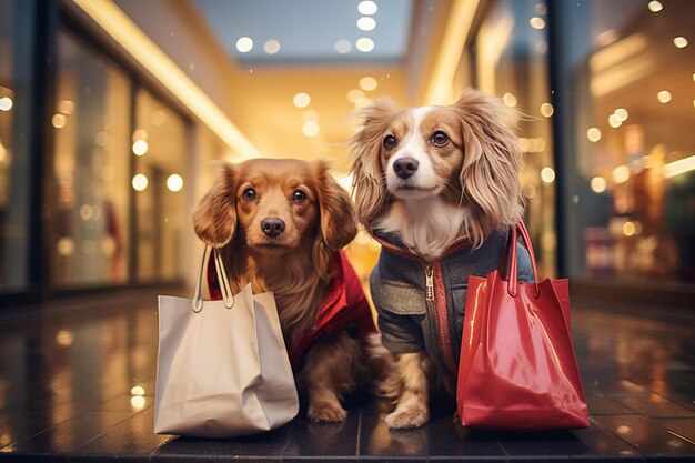 Photo humanlike anthropomorphic dogs wearing clothes with bags shopping for holidays