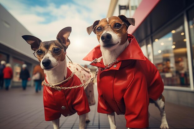 Foto cani antropomorfi simili agli umani che indossano vestiti con borse per fare shopping per le vacanze