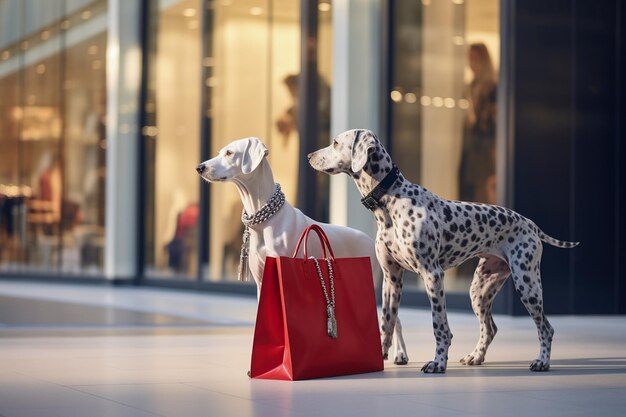 Photo humanlike anthropomorphic dogs wearing clothes with bags shopping for holidays