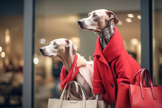 Photo humanlike anthropomorphic dogs wearing clothes with bags shopping for holidays