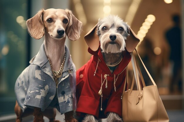 휴가 에 쇼핑 을 하는 가방 을 가진 옷 을 입은 인간 모양 의 개 들