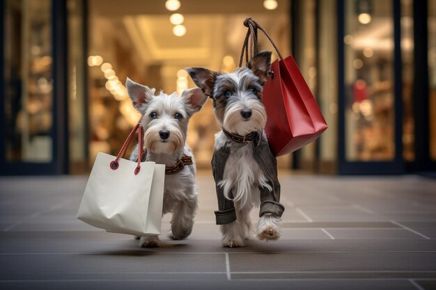 Foto cani antropomorfi simili agli umani che indossano vestiti con borse per fare shopping per le vacanze