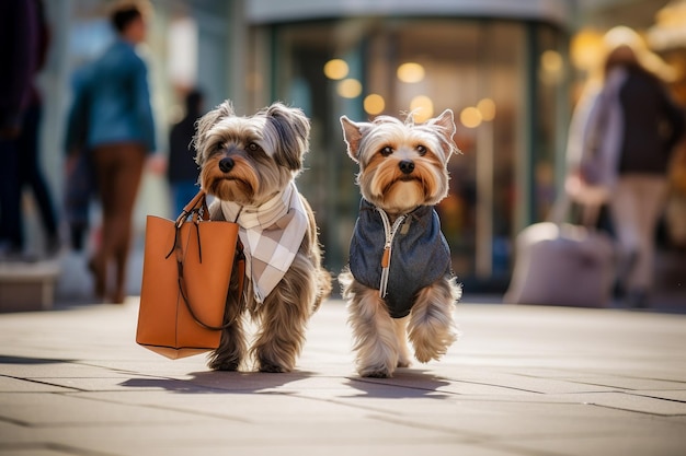 Humanlike anthropomorphic dogs wearing human clothes and shopping with bags