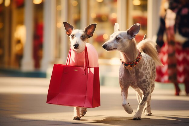 Foto cani antropomorfi simili agli umani che indossano abiti umani e fanno acquisti con borse