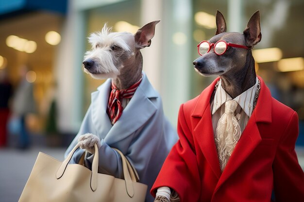Foto cani antropomorfi simili agli umani che indossano abiti umani e fanno acquisti con borse
