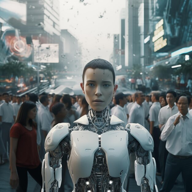 Humanoid AI robot in metropolis