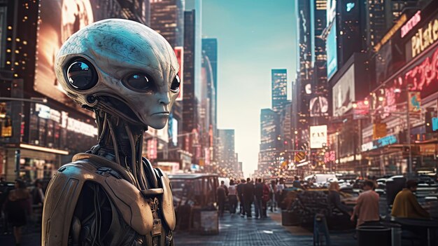 A humanoid alien in a city street with a lot of people Generative AI illustration