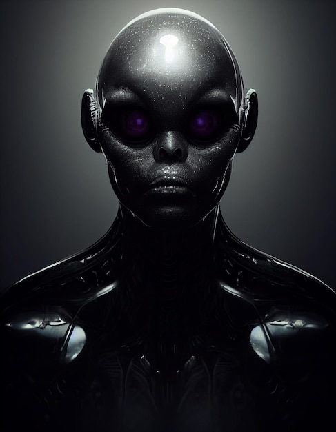 Humanoid Alien with Big Purple Eyes and Shining Black Skin 3D Conceptual Artwork