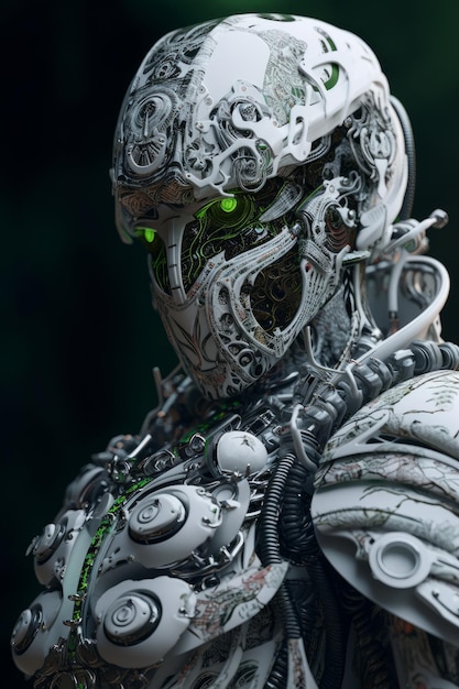 A humanoid android ninja cyborg with white ceramic bioarmor and striking volt green eyes