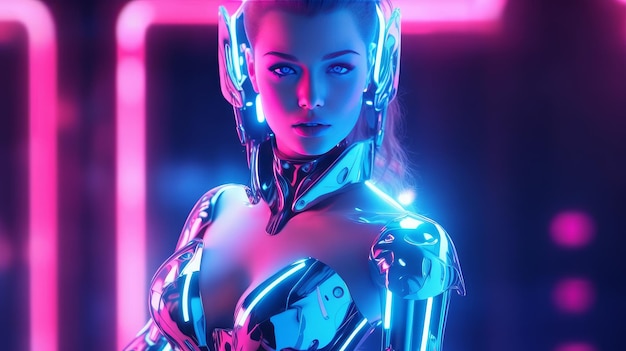 3d 렌더에서 네온 불빛 미래형 로봇의 가상 디지털 기술에 있는 휴머노이드 사이버 소녀 사람과 로봇의 공존 개념