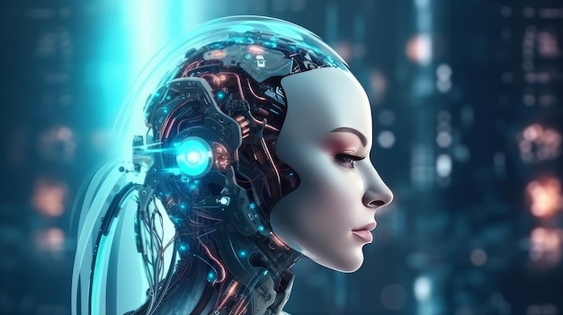 Humanoid cyber girl in virtual digital technologies in neon light futuristic robot in 3d render