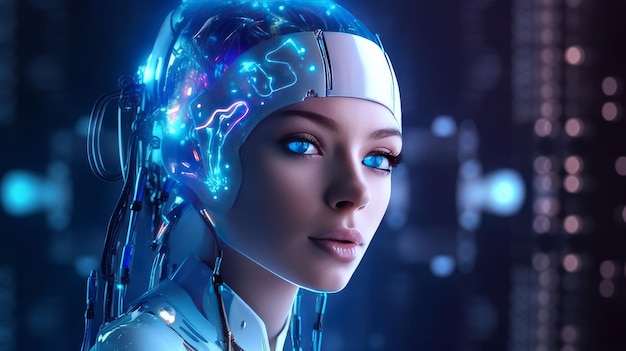 Humanoid cyber girl in virtual digital technologies in neon light futuristic robot in 3d render