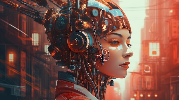 Гуманоидная кибердевочка в виртуальной цифровой технологии на фоне города футуристический робот