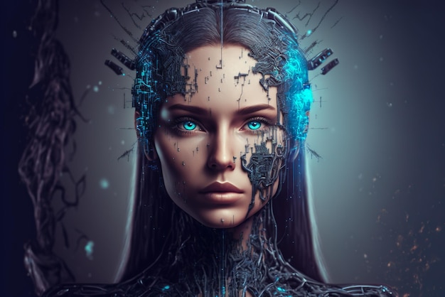 A humanoid cyber girl with a neural network thinks generative ai