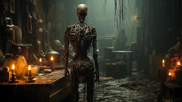 A humanoid figure stands in an abandoned laboratory evoking an eerie atmosphere