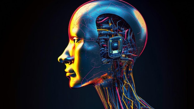 A humanoid head with blue and yellow eyes and a colorful neon neural network signifying futuristic technology and artificial intelligence Generative AI is shown from the side