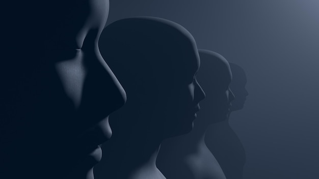 Humanoid heads with closed eyes 3d illustration